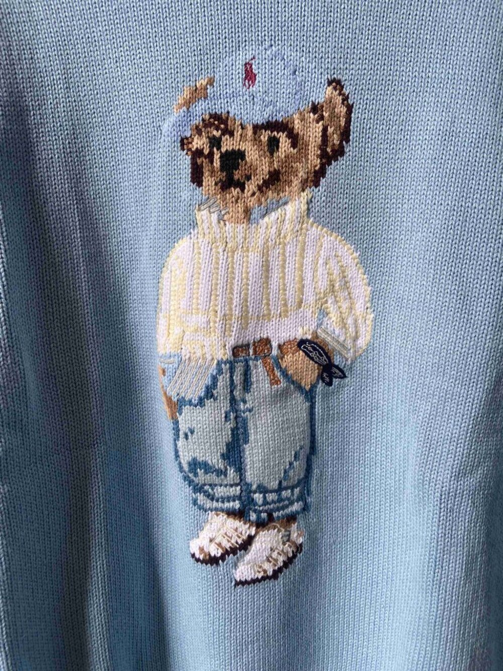 Polo Ralph Lauren Embroidered Bear Knit Jumper Light Blue Crewneck Sweater - Picture 3 of 8
